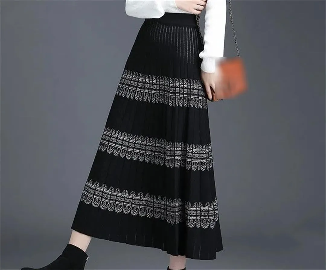 Knitted Long Pleated Skirt Women Autumn Winter Warm High Waist Midi Skirt Retro Shiny Office Skirts