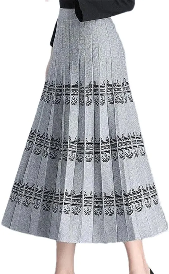 Knitted Long Pleated Skirt Women Autumn Winter Warm High Waist Midi Skirt Retro Shiny Office Skirts
