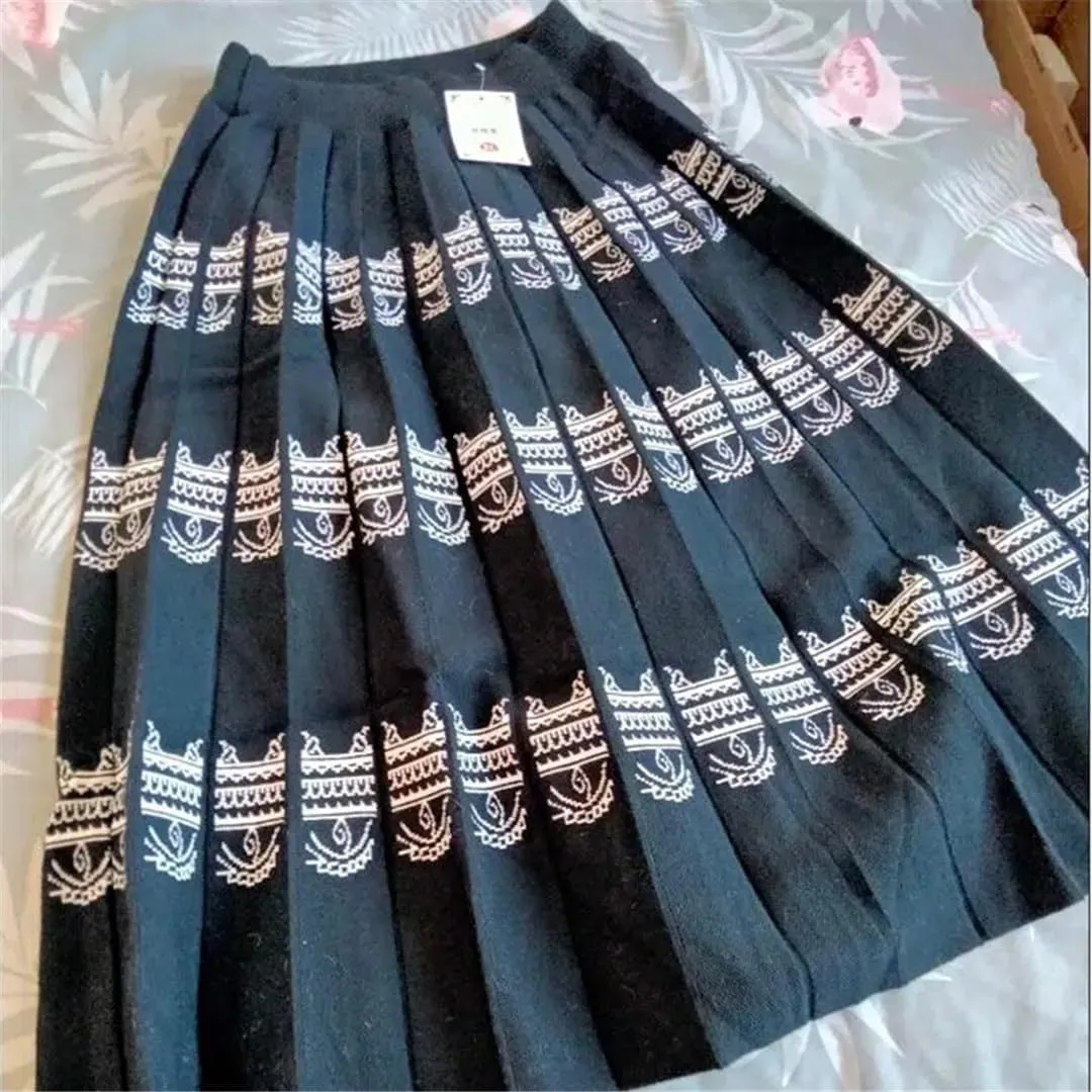 Knitted Long Pleated Skirt Women Autumn Winter Warm High Waist Midi Skirt Retro Shiny Office Skirts