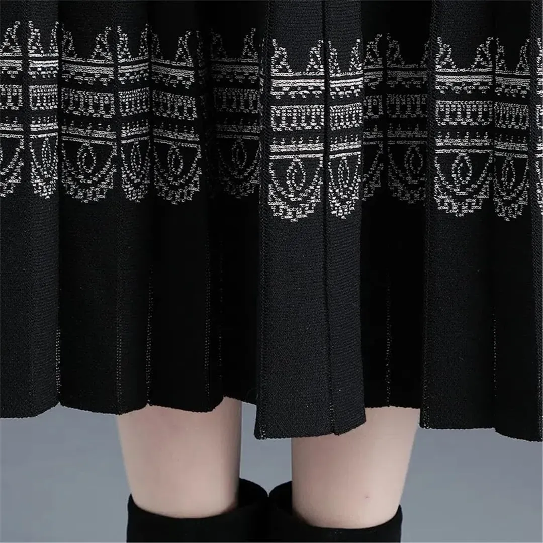 Knitted Long Pleated Skirt Women Autumn Winter Warm High Waist Midi Skirt Retro Shiny Office Skirts