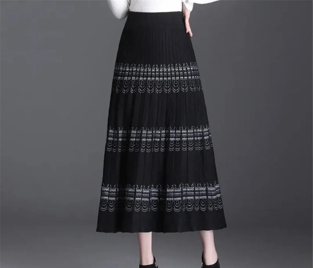 Knitted Long Pleated Skirt Women Autumn Winter Warm High Waist Midi Skirt Retro Shiny Office Skirts