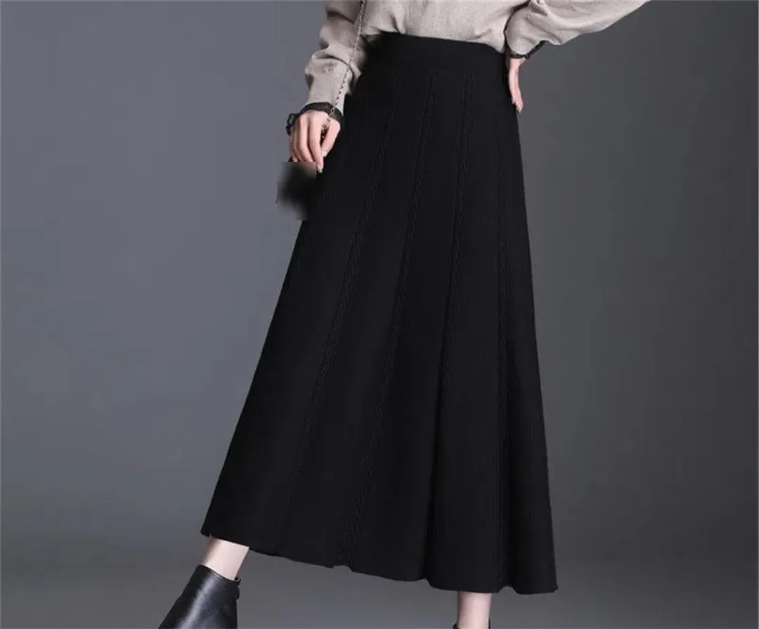 Knitted Pleated Skirt Women's Midi Elastic High Waist Autumn A-Line Sweater Winter Wool Long Skirts