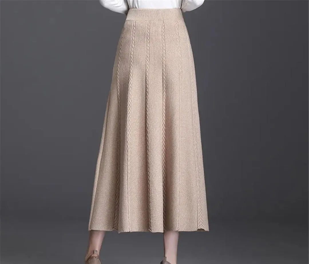 Knitted Pleated Skirt Women's Midi Elastic High Waist Autumn A-Line Sweater Winter Wool Long Skirts