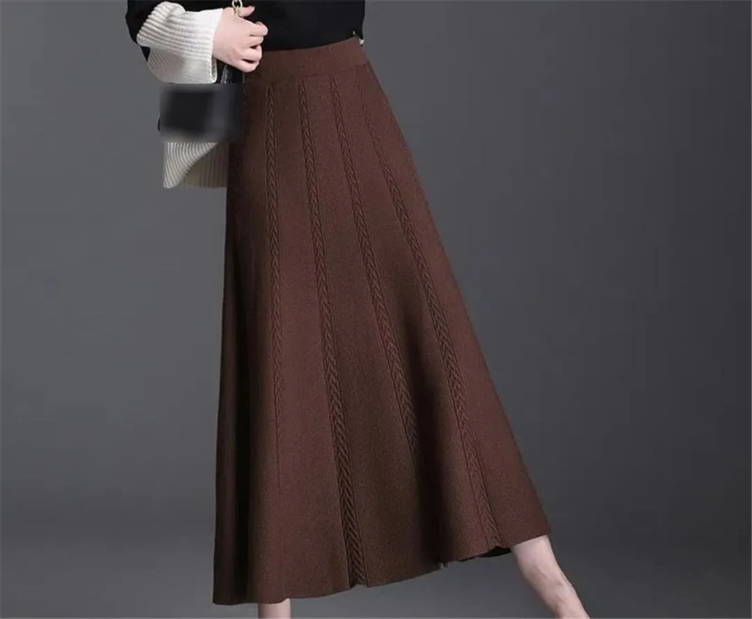 Knitted Pleated Skirt Women's Midi Elastic High Waist Autumn A-Line Sweater Winter Wool Long Skirts