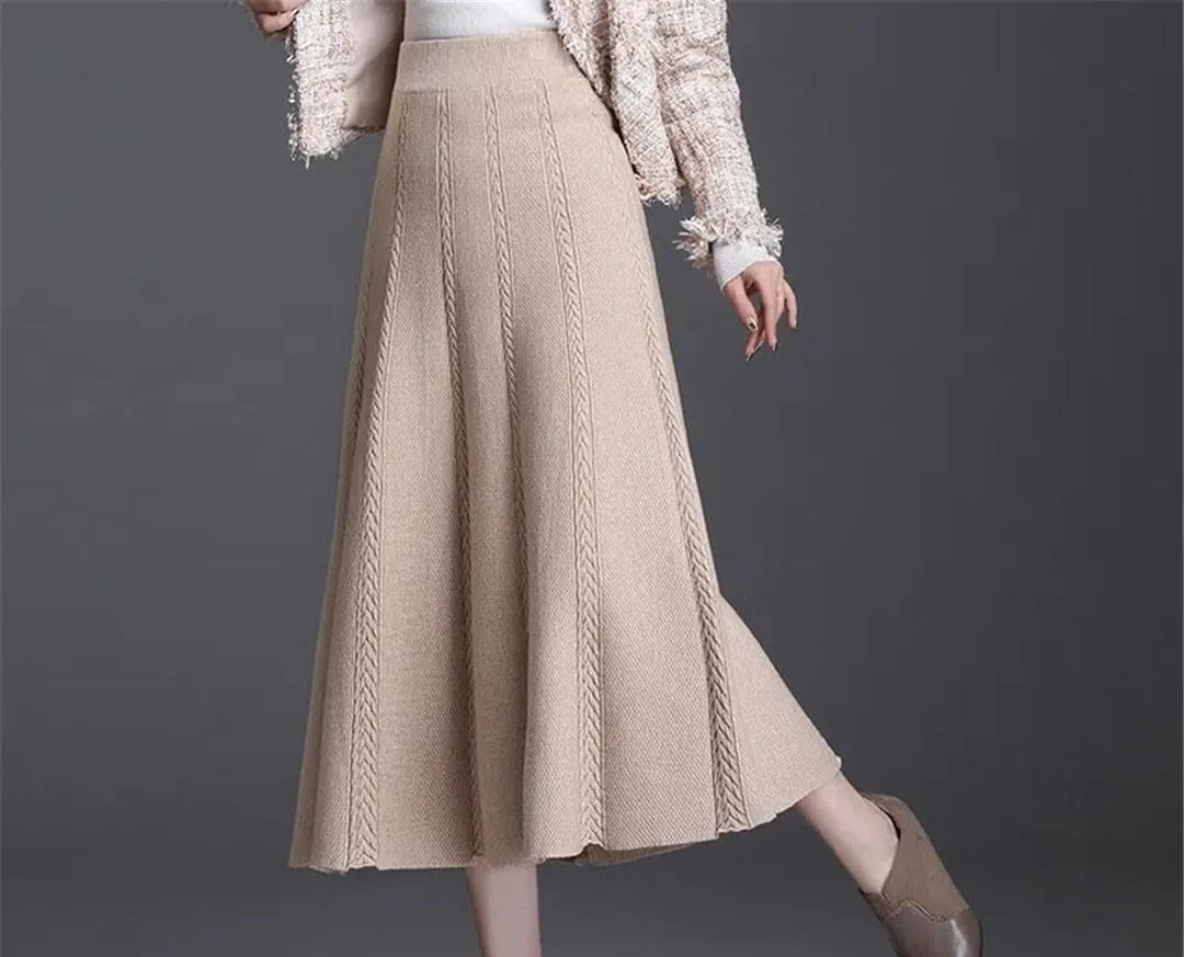 Knitted Pleated Skirt Women's Midi Elastic High Waist Autumn A-Line Sweater Winter Wool Long Skirts
