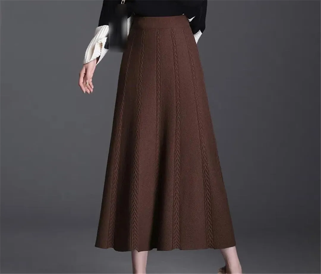 Knitted Pleated Skirt Women's Midi Elastic High Waist Autumn A-Line Sweater Winter Wool Long Skirts