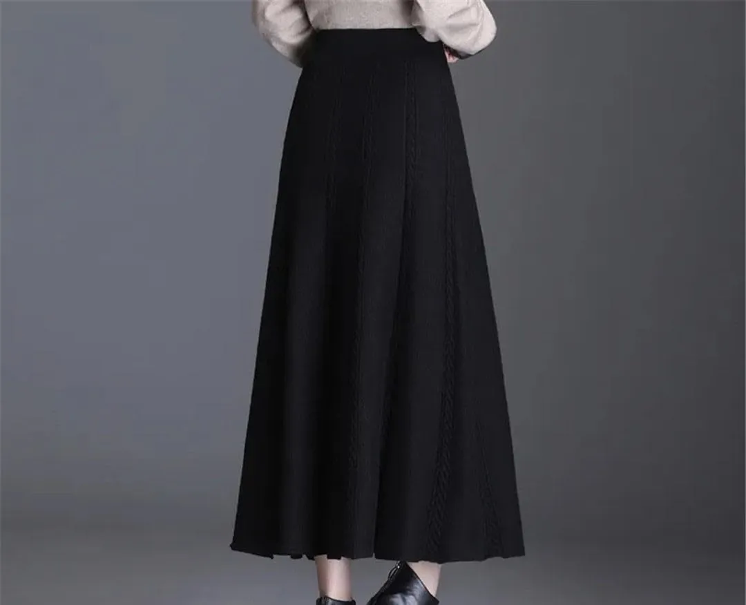 Knitted Pleated Skirt Women's Midi Elastic High Waist Autumn A-Line Sweater Winter Wool Long Skirts