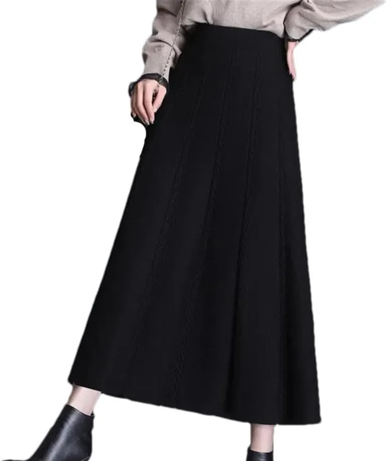 Knitted Pleated Skirt Women's Midi Elastic High Waist Autumn A-Line Sweater Winter Wool Long Skirts