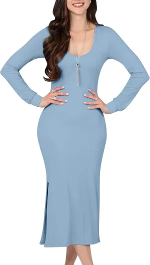 KOH KOH Womens 2025 Long Sleeve Casual V-Neck Fitted Stretchy Bodycon Midi Dress
