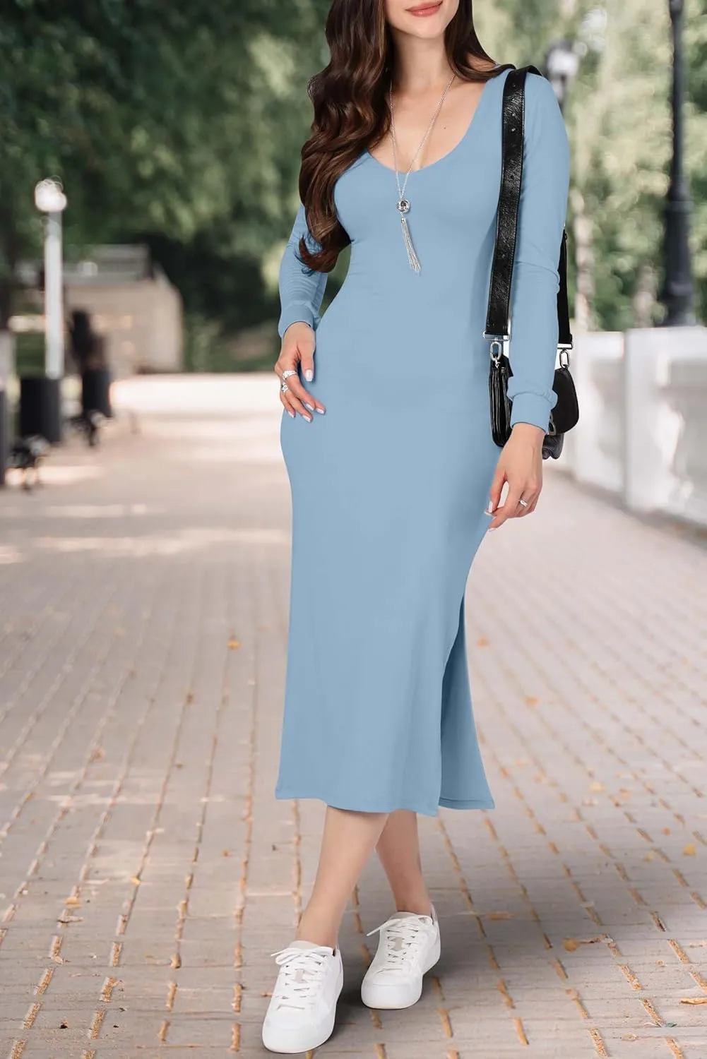 KOH KOH Womens 2025 Long Sleeve Casual V-Neck Fitted Stretchy Bodycon Midi Dress