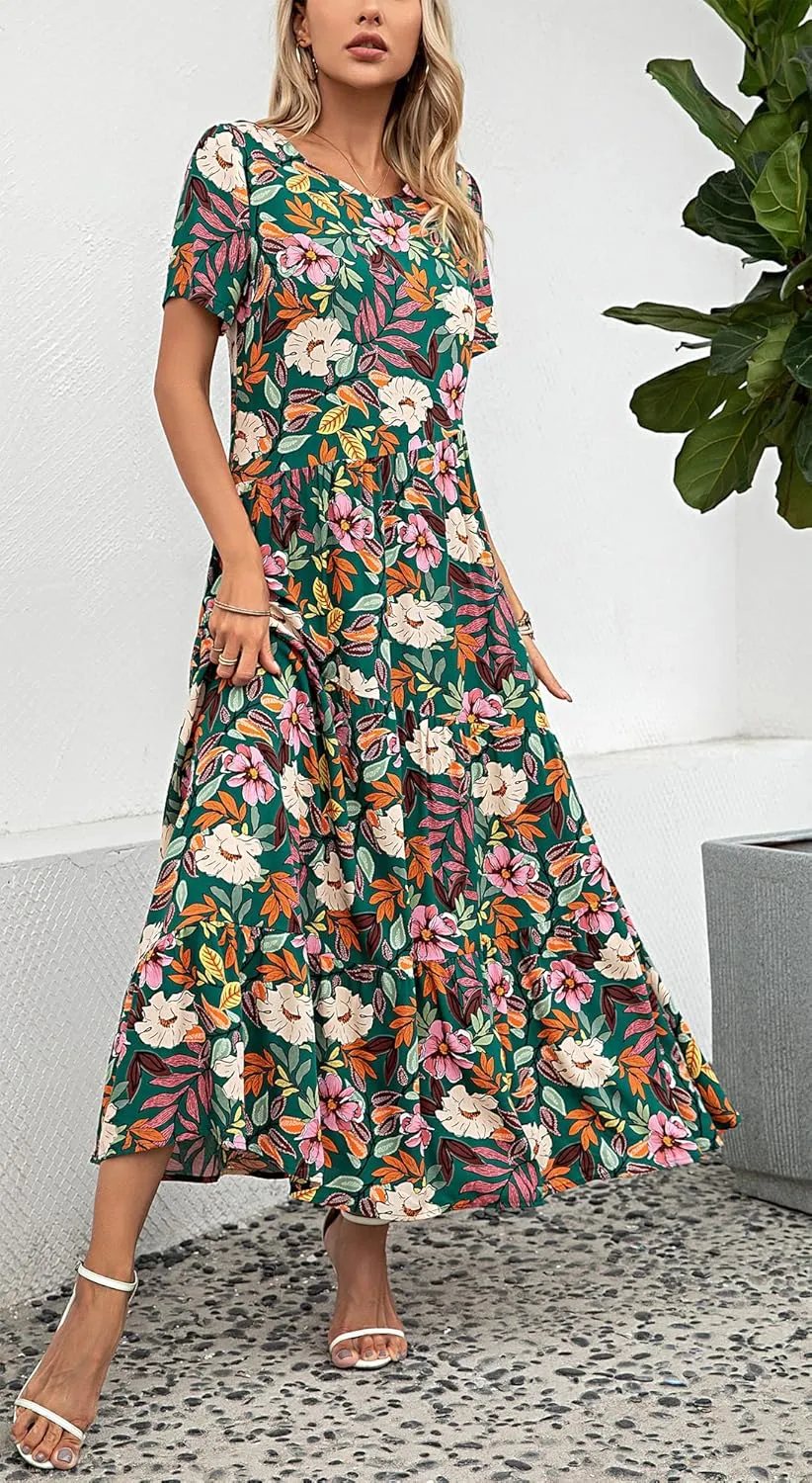 Kormei Women's Casual Boho Dress Floral Print Short Sleeve A Line Tiered Summer Beach Party Long Maxi Dresses