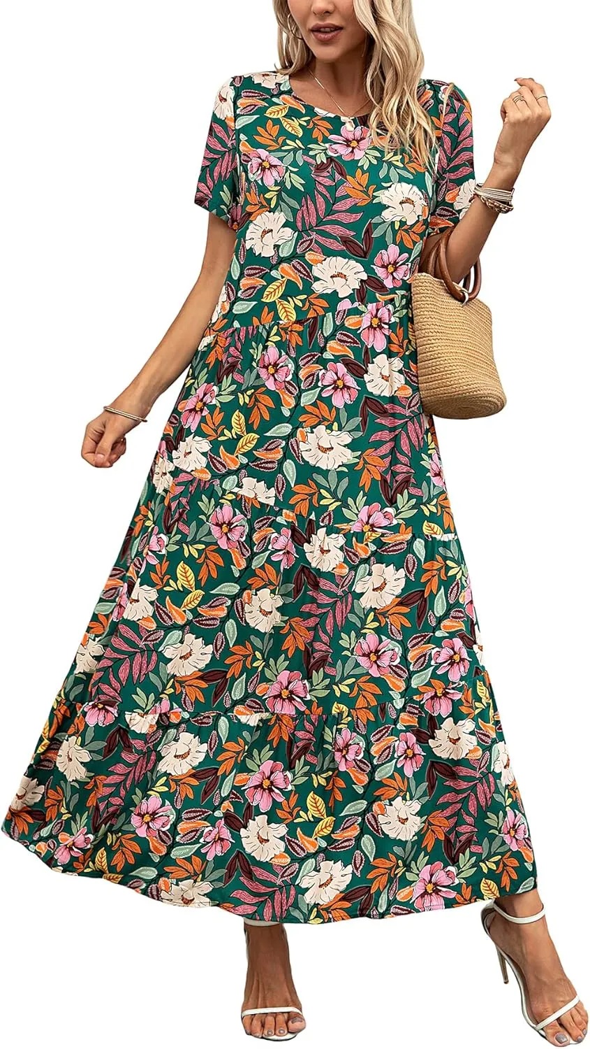 Kormei Women's Casual Boho Dress Floral Print Short Sleeve A Line Tiered Summer Beach Party Long Maxi Dresses
