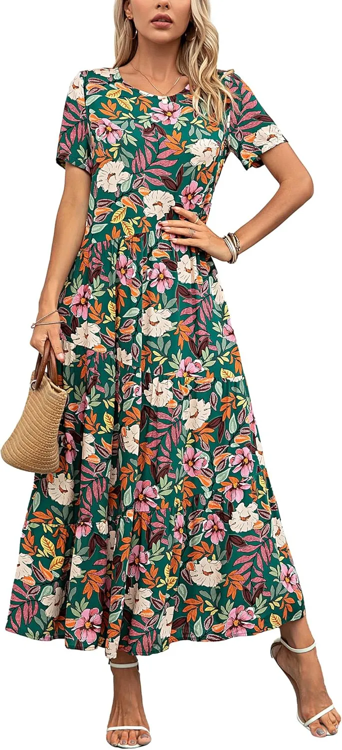 Kormei Women's Casual Boho Dress Floral Print Short Sleeve A Line Tiered Summer Beach Party Long Maxi Dresses