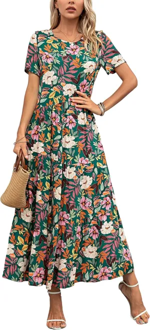 Kormei Women's Casual Boho Dress Floral Print Short Sleeve A Line Tiered Summer Beach Party Long Maxi Dresses