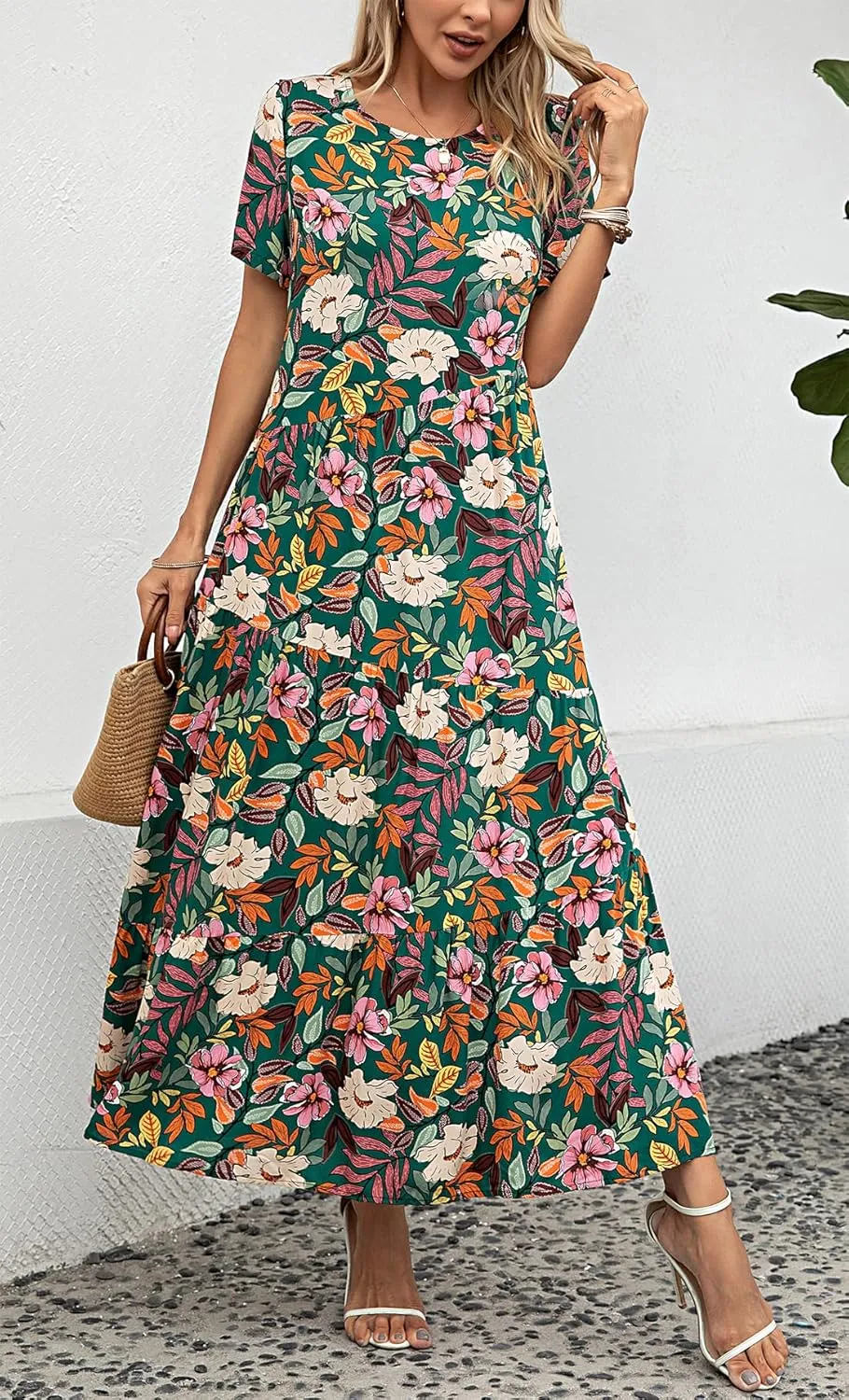 Kormei Women's Casual Boho Dress Floral Print Short Sleeve A Line Tiered Summer Beach Party Long Maxi Dresses
