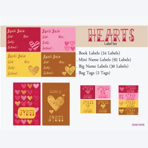 Label Set <br/>Heart Theme<br><span style="font-size: 11px; font-family:Helvetica,Arial,sans-serif;">Assorted pack containing 146 labels and 2 bag tags </span>