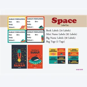 Label Set<br/>Space Theme<br><span style="font-size: 11px; font-family:Helvetica,Arial,sans-serif;">Assorted pack containing 146 labels and 2 bag tags </span>