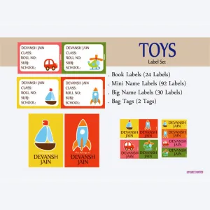 Label Set<br/>Toy Theme<br><span style="font-size: 11px; font-family:Helvetica,Arial,sans-serif;">Assorted pack containing 146 labels and 2 bag tags </span>