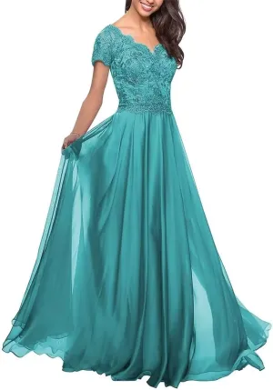 Lace Applique Mother of The Bride Dresses for Wedding Chiffon Long V Neck Formal Evening Gowns for Women