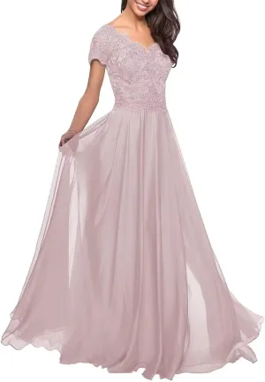 Lace Applique Mother of The Bride Dresses for Wedding Chiffon Long V Neck Formal Evening Gowns for Women