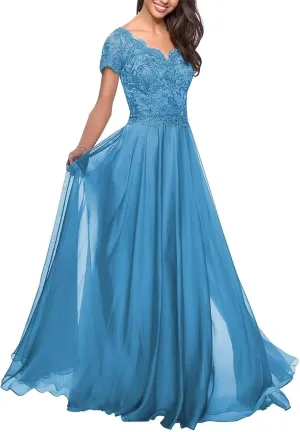 Lace Applique Mother of The Bride Dresses for Wedding Chiffon Long V Neck Formal Evening Gowns for Women