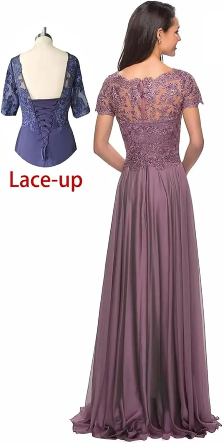 Lace Applique Mother of The Bride Dresses for Wedding Chiffon Long V Neck Formal Evening Gowns for Women