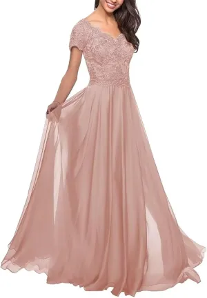 Lace Applique Mother of The Bride Dresses for Wedding Chiffon Long V Neck Formal Evening Gowns for Women