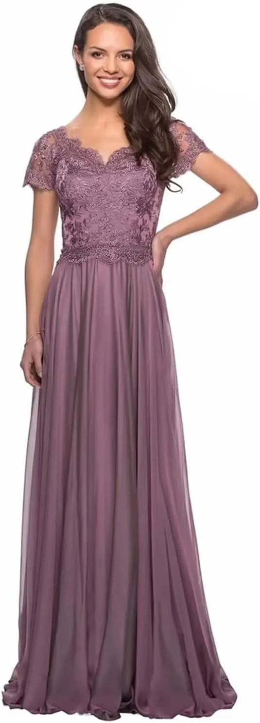 Lace Applique Mother of The Bride Dresses for Wedding Chiffon Long V Neck Formal Evening Gowns for Women