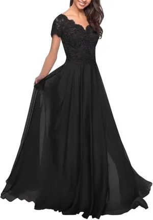 Lace Applique Mother of The Bride Dresses for Wedding Chiffon Long V Neck Formal Evening Gowns for Women