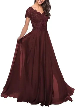 Lace Applique Mother of The Bride Dresses for Wedding Chiffon Long V Neck Formal Evening Gowns for Women