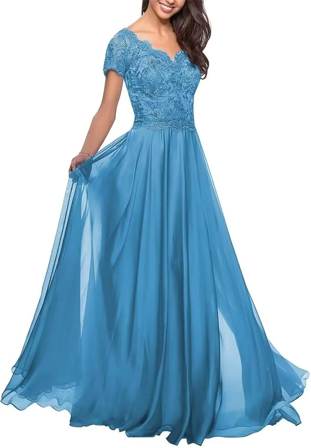 Lace Applique Mother of The Bride Dresses for Wedding Chiffon Long V Neck Formal Evening Gowns for Women