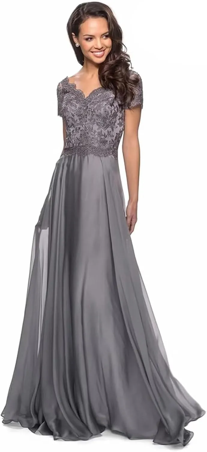Lace Applique Mother of The Bride Dresses for Wedding Chiffon Long V Neck Formal Evening Gowns for Women