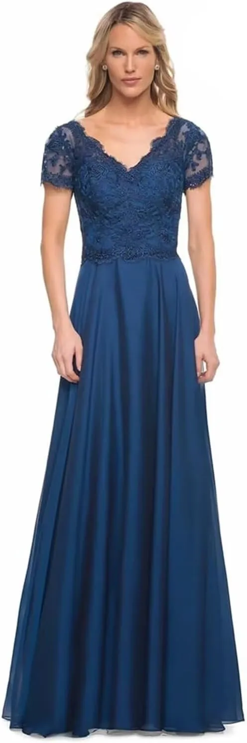 Lace Applique Mother of The Bride Dresses for Wedding Chiffon Long V Neck Formal Evening Gowns for Women