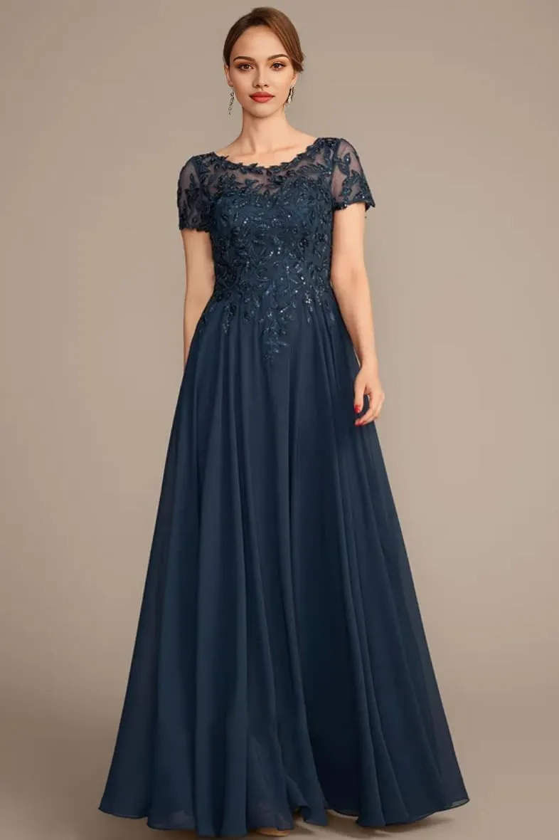 Lace Applique Mother of The Bride Dresses for Women Sparkly Sequin Maxi Formal Dress Short Sleeve Wedding Guest Dresses