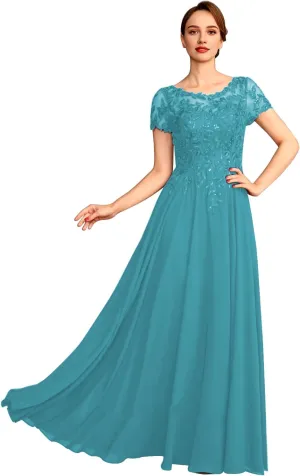 Lace Applique Mother of The Bride Dresses for Women Sparkly Sequin Maxi Formal Dress Short Sleeve Wedding Guest Dresses
