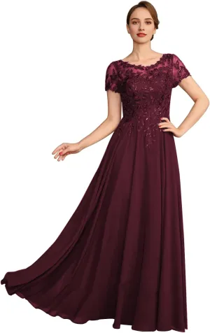 Lace Applique Mother of The Bride Dresses for Women Sparkly Sequin Maxi Formal Dress Short Sleeve Wedding Guest Dresses