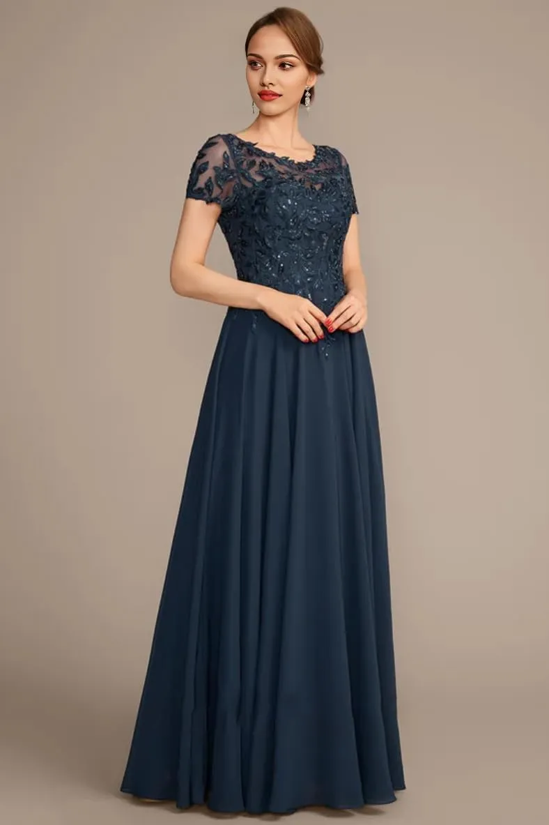 Lace Applique Mother of The Bride Dresses for Women Sparkly Sequin Maxi Formal Dress Short Sleeve Wedding Guest Dresses