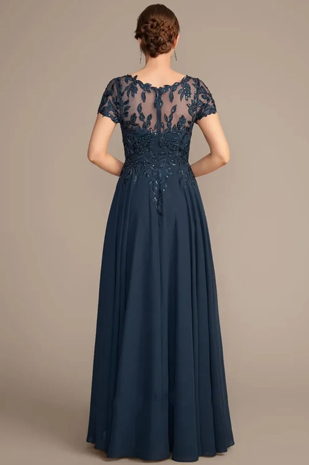 Lace Applique Mother of The Bride Dresses for Women Sparkly Sequin Maxi Formal Dress Short Sleeve Wedding Guest Dresses