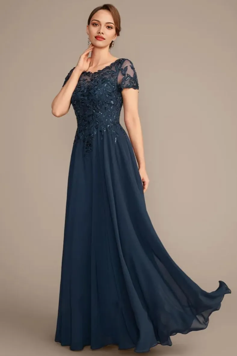 Lace Applique Mother of The Bride Dresses for Women Sparkly Sequin Maxi Formal Dress Short Sleeve Wedding Guest Dresses