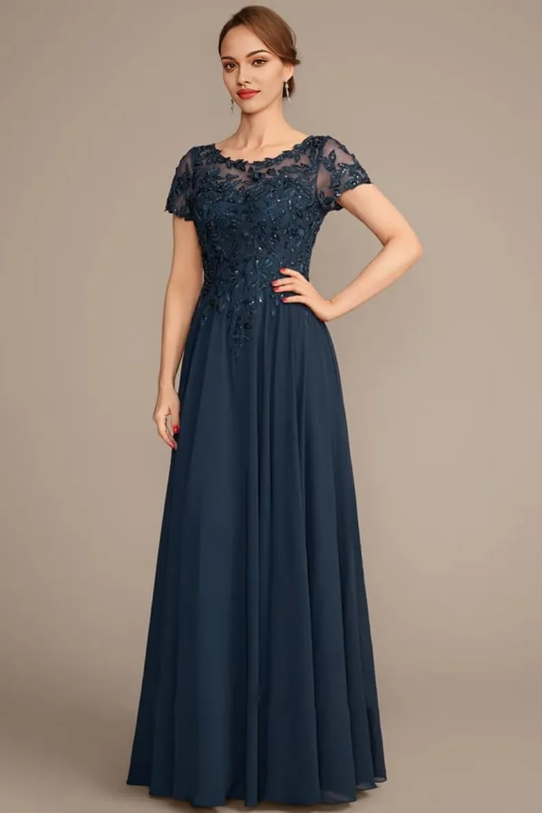 Lace Applique Mother of The Bride Dresses for Women Sparkly Sequin Maxi Formal Dress Short Sleeve Wedding Guest Dresses