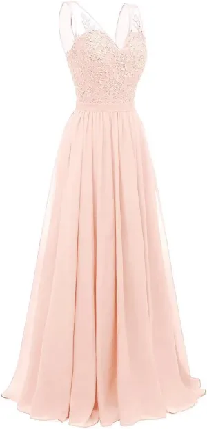 Lace Appliques Bridesmaid Dresses for Women Long Chiffon V Neck Prom Dress A-line Formal Evening Party Gowns