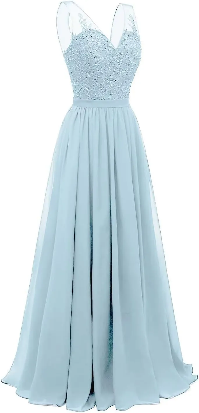 Lace Appliques Bridesmaid Dresses for Women Long Chiffon V Neck Prom Dress A-line Formal Evening Party Gowns