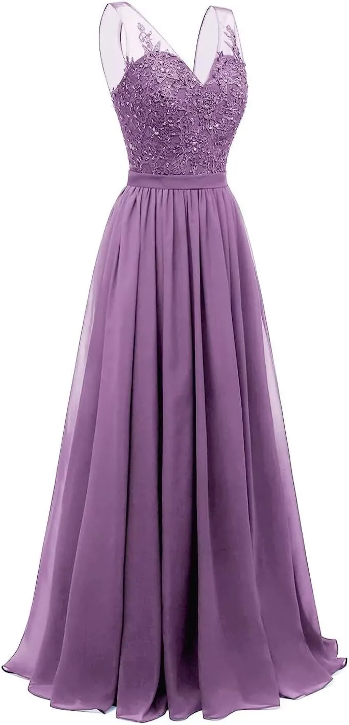 Lace Appliques Bridesmaid Dresses for Women Long Chiffon V Neck Prom Dress A-line Formal Evening Party Gowns