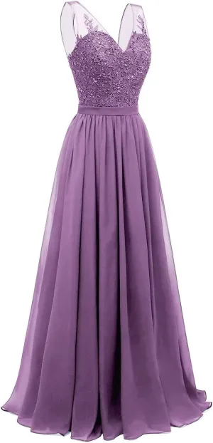 Lace Appliques Bridesmaid Dresses for Women Long Chiffon V Neck Prom Dress A-line Formal Evening Party Gowns
