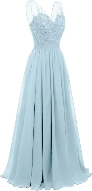 Lace Appliques Bridesmaid Dresses for Women Long Chiffon V Neck Prom Dress A-line Formal Evening Party Gowns