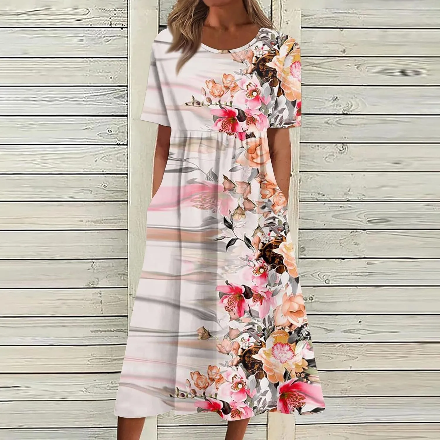 Ladies Dress Pleated Basic Round Neck 2024 Short-Sleeve Midi Loose Daily Women's Dresses Classic with Pocket