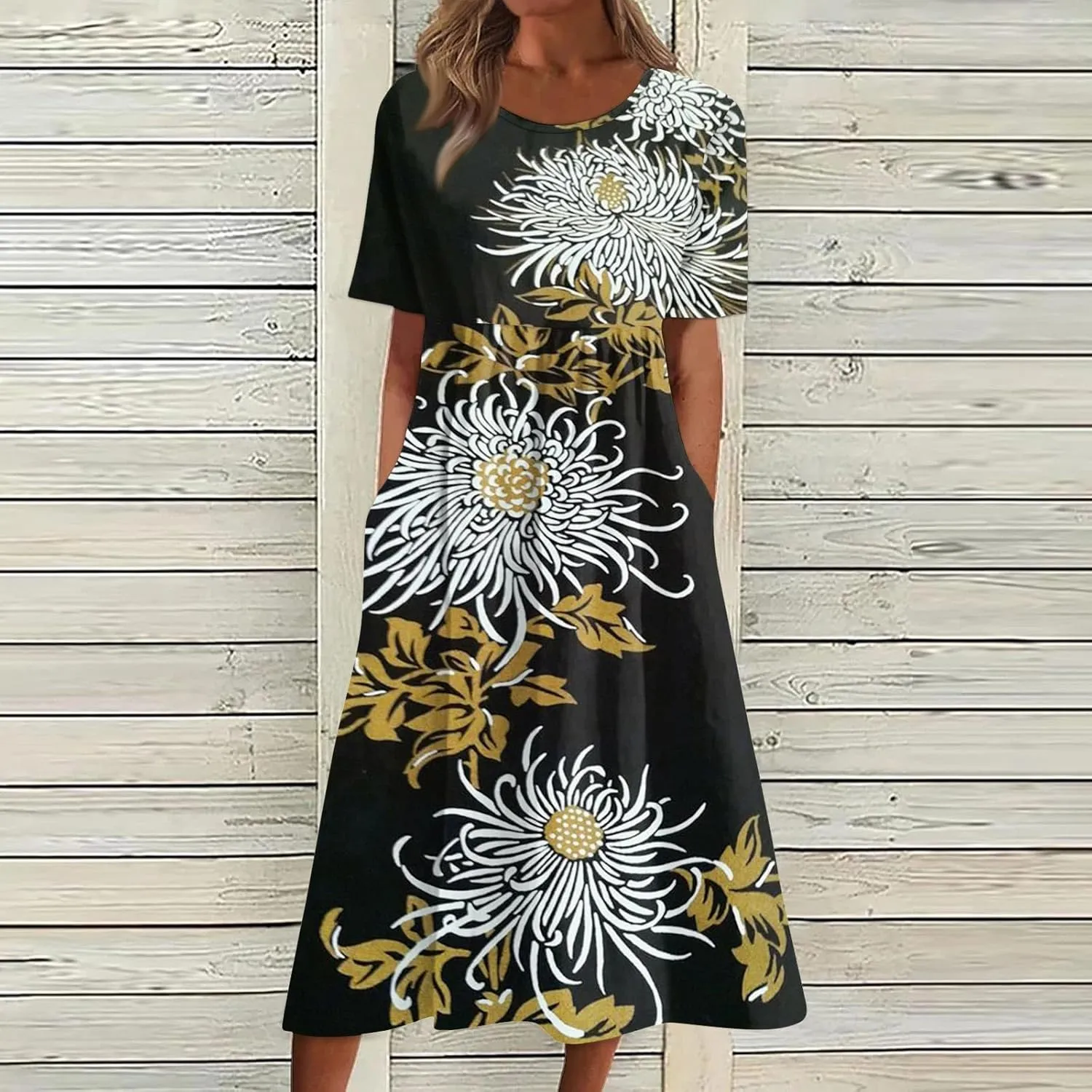 Ladies Dress Pleated Basic Round Neck 2024 Short-Sleeve Midi Loose Daily Women's Dresses Classic with Pocket