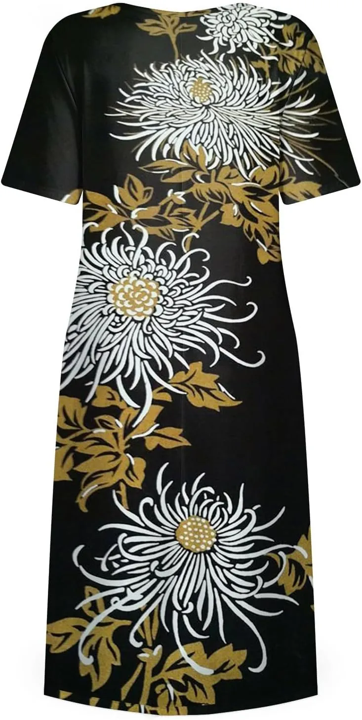 Ladies Dress Pleated Basic Round Neck 2024 Short-Sleeve Midi Loose Daily Women's Dresses Classic with Pocket