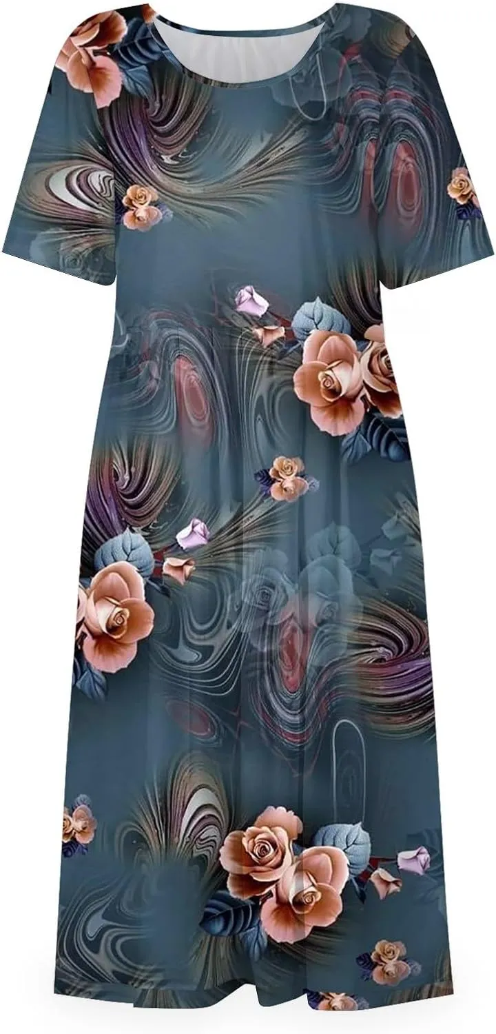 Ladies Dress Pleated Basic Round Neck 2024 Short-Sleeve Midi Loose Daily Women's Dresses Classic with Pocket