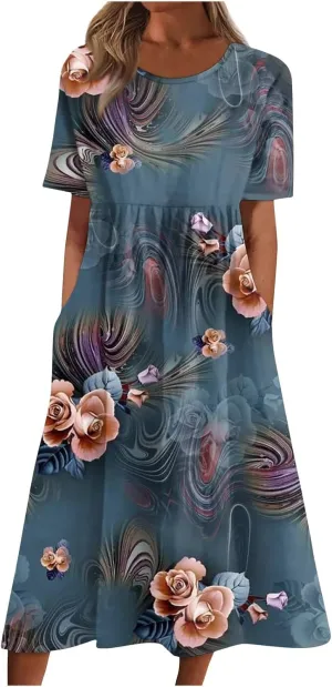 Ladies Dress Pleated Basic Round Neck 2024 Short-Sleeve Midi Loose Daily Women's Dresses Classic with Pocket